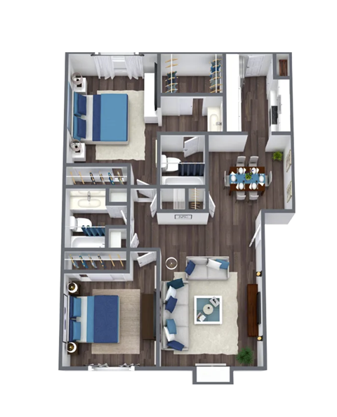 Floor plan for 2 beds, 2 baths, 1000 sqft